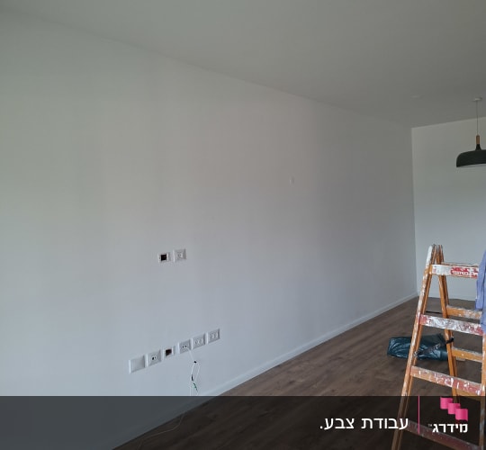 סולם וחדר עם קיר צבוע ורצפת עץ